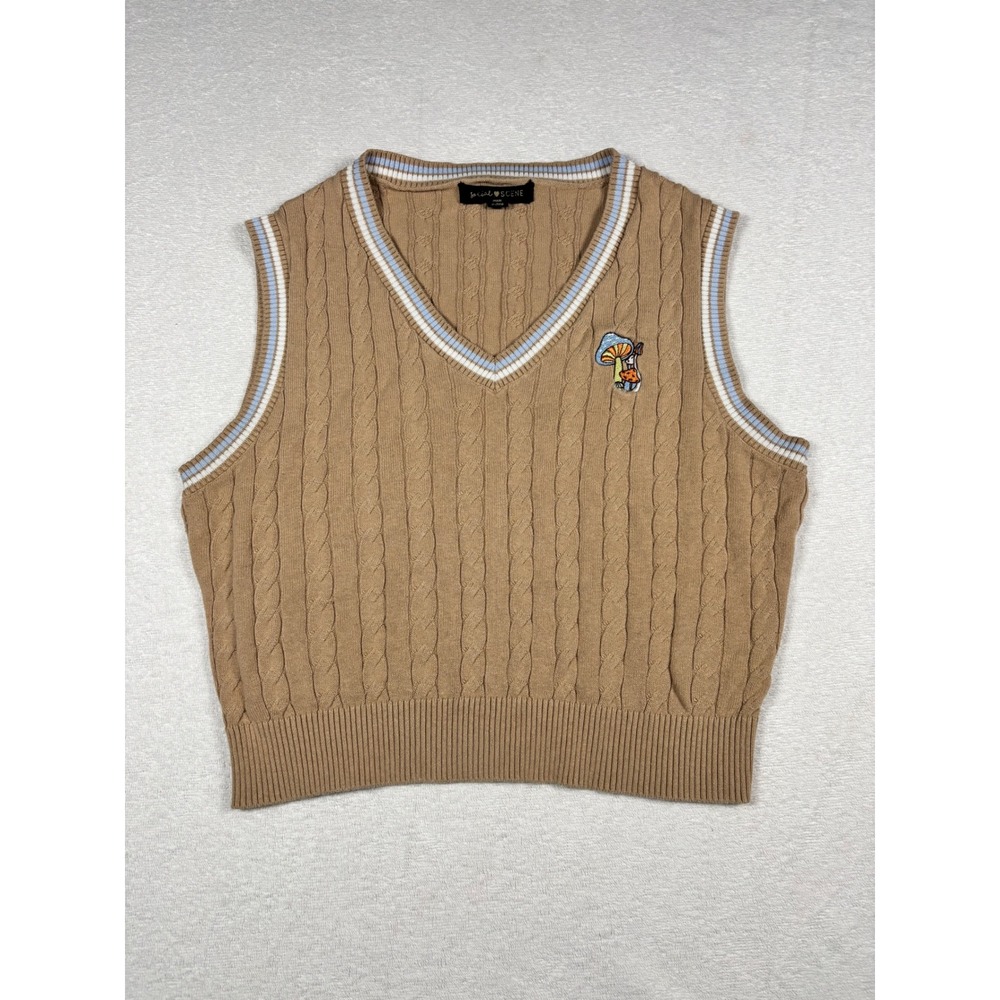 Social Scene Tan Cable Knit Sweater Vest Mushroom Patch V-Neck Striped XL